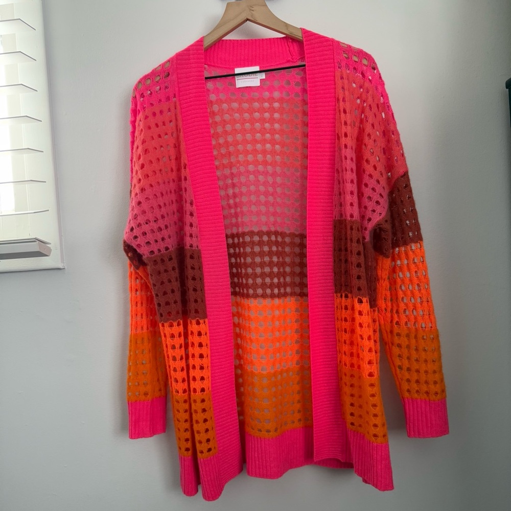 Brodi Cashmere XS Sunset Pointelle Open Knit Stripe Cardigan Lightweight Pink